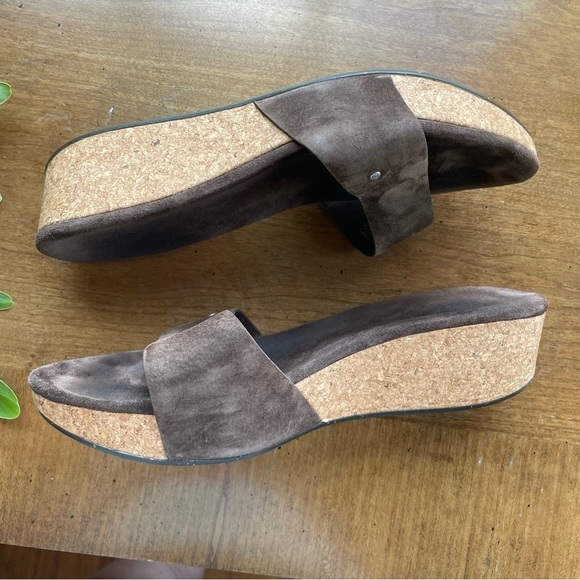 Ugg Platform Wedge Cork Slide Sandals Chocolate Brown Suede Leather - Basil - Picture 3 of 9